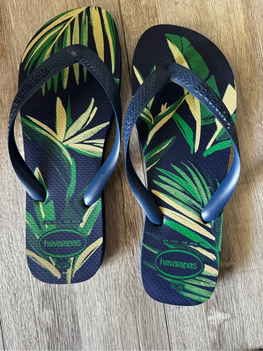 Havaianas Navy Flip Flops with Green & Yellow Tropical Print